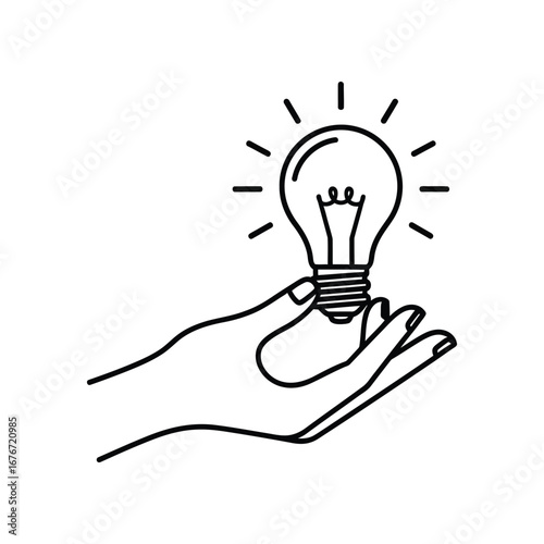 Lightbulb and Hand Icon: A simple, clean line drawing presents a hand delicately cradling a glowing lightbulb, symbolizing inspiration, innovation, and new ideas.