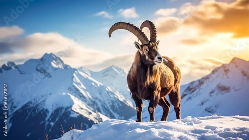 Majestic ibex on snowy mountain peak
