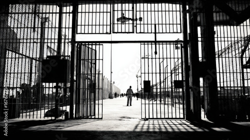 A high-security prison gate slowly opening, with prisoners walking out into an empty courtyard, their figures blurred as they step toward freedom, representing the moment of release from confinement.