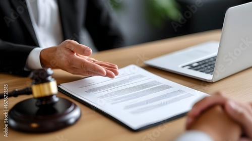 A business professional in a suit carefully reviewing legal documents and contracts on a desk, with a laptop computer open in front of them.