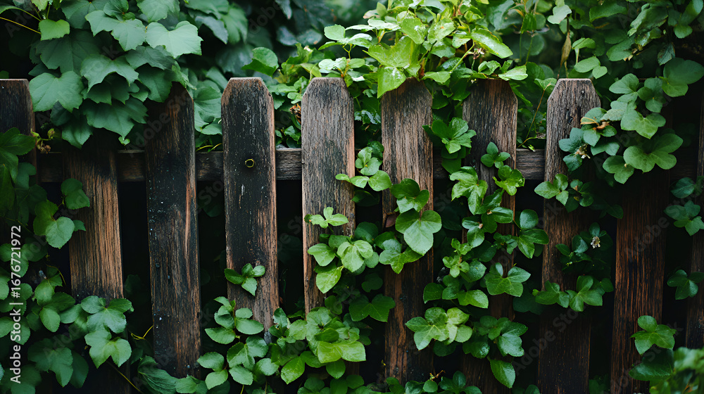 Obraz premium An old wooden fence is covered in lush green foliage.