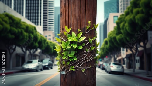 A Telephone Pole Sprouting Leaves A wooden telephone pole on a s