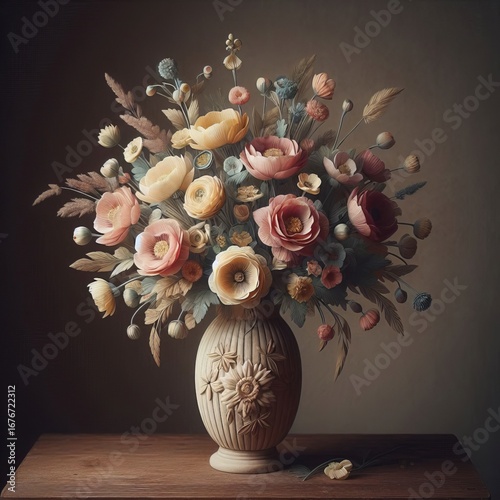 A vase with a bouquet of fresh flowers A vase is filled with a b