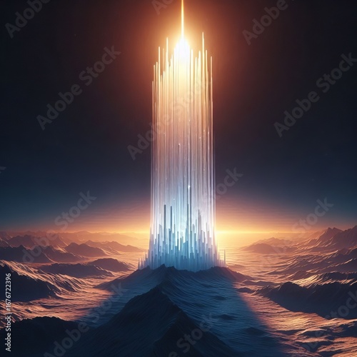 A vertical column of light extending upwards or downwards from t