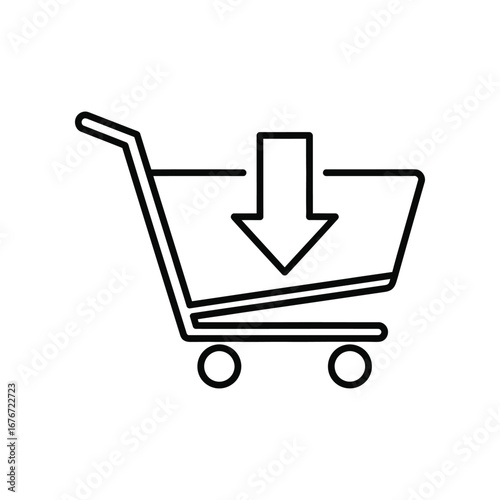 Digital Cart Loading: A clean, minimalist line drawing presents an online shopping cart with a descending arrow. A representation of adding to cart and completing the online buying process