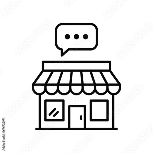 Digital Marketplace: A stylized depiction of a shop with a speech bubble floating above it, symbolizing communication and interaction.