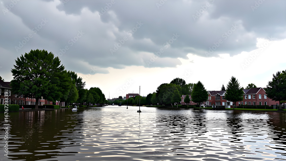 Fototapeta premium Flooded water in the city, mostly dark clouds, roads disappear in water,flode in Pakistan, flooded water in Pakistan, Pakistan people's surviving,