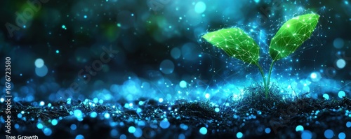 Abstract depiction of sprouting life with glowing connections and digital elements