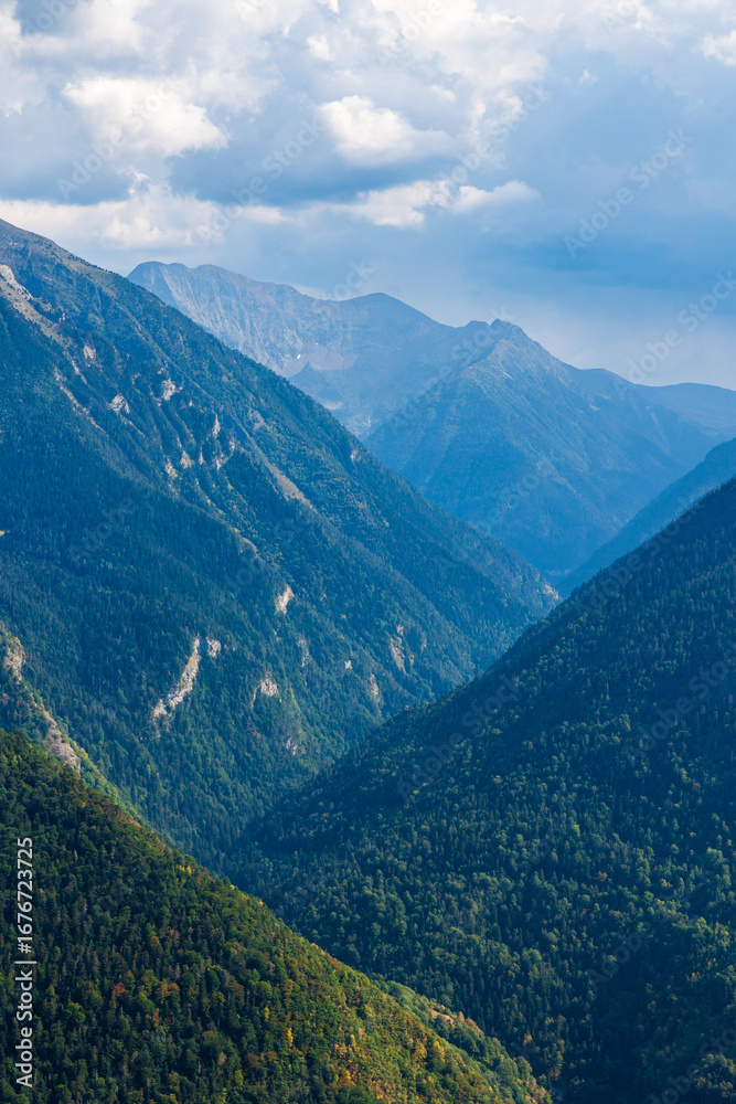 Fototapeta premium Rioumajou Valley Dominated by Lustou Peak from Pla d’Adet Ski Resort in Saint-Lary-Soulan in Summer