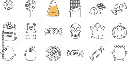 Halloween candy sketch illustration with lollipops, chocolate, candy corn, skull, ghost, pumpkin, apple, and other sweet treats