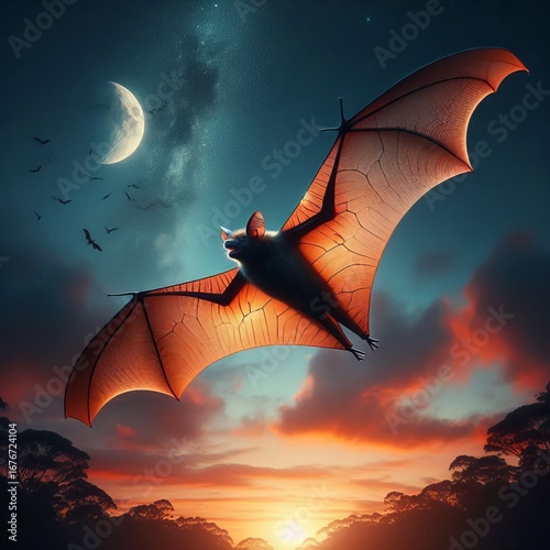 Bat Flight A fruit bat in flight against twilight sky wing membr