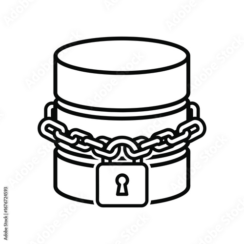 Data Fortress: Secure data server encircled by a chain and padlock, symbolizes strong protection in a minimalist style.