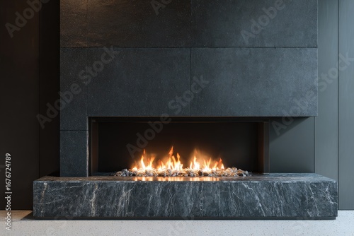Modern fireplace with dark stone surround