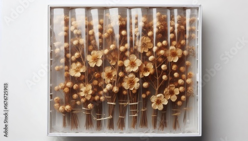 Dried blossoms sealed in plastic strip overhead lightbox