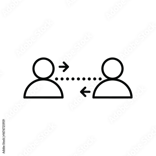 Social Connection and Exchange: Depicts an abstract icon, of two individuals linked by the exchange of ideas or information through a digital or conceptual connection.