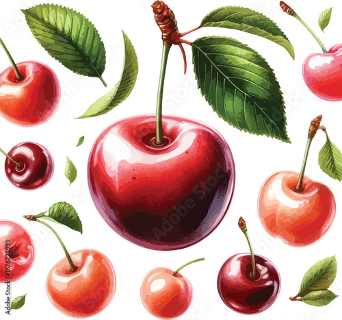 Hand drawn water colour cherry  fruit