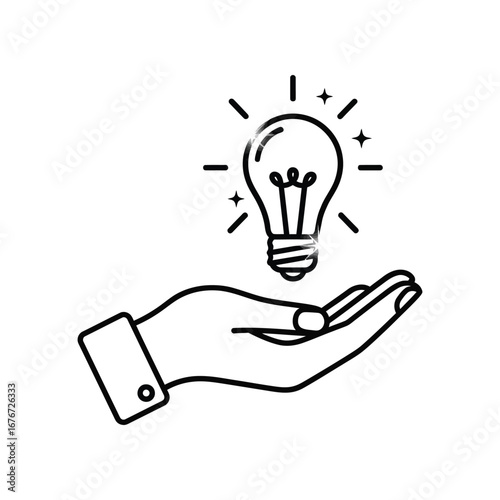 Holding an Idea: A stylized depiction of a hand cradling a radiant lightbulb, symbolizing a bright idea, innovation, and creative inspiration.