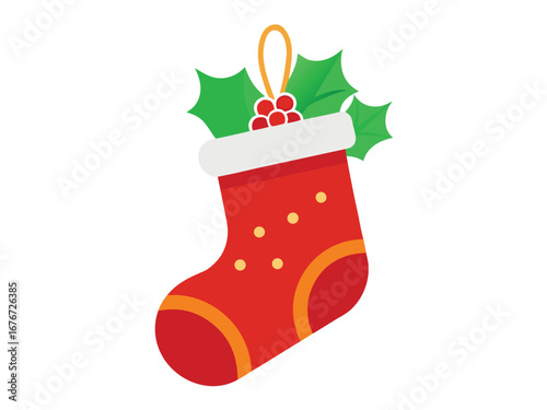 Christmas stocking with candy cane and holly leaves illustration on white background