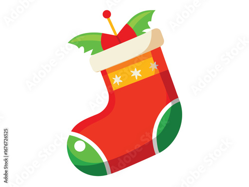 Christmas stocking with candy cane and holly leaves illustration on white background