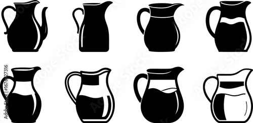 Eight silhouettes of pitchers in various styles, showcasing different shapes and designs, ideal for culinary or decorative uses.
