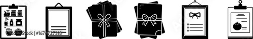 A collection of black and white clipart images featuring various styled frames, papers, and gift-wrapped items, suitable for graphic design projects.