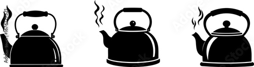 A simple illustration featuring three silhouettes of kettles, each emitting steam, symbolizing warmth and the act of boiling water.