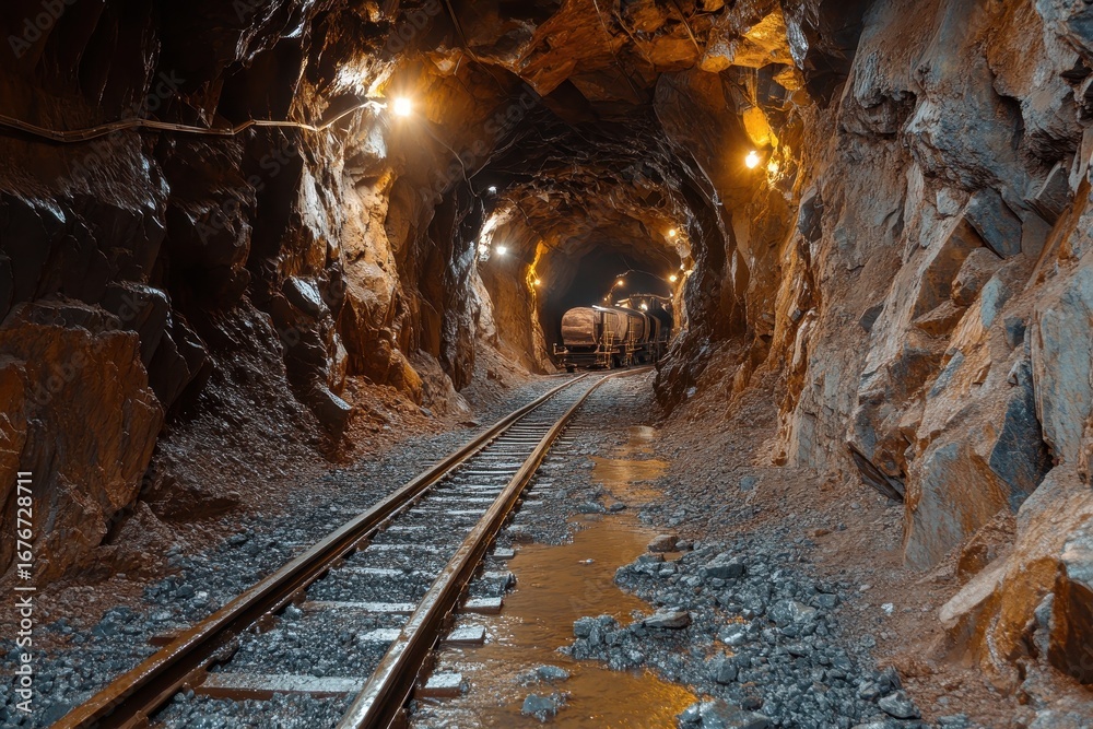 Naklejka premium Underground Mine Tunnel with Train Tracks and Dim Lighting