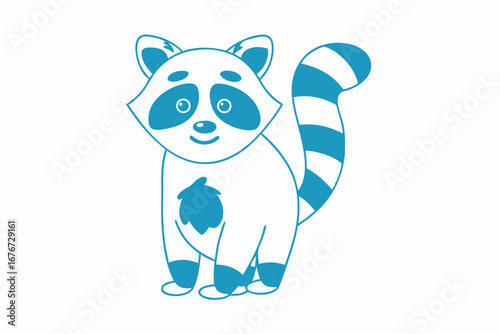 Cheerful Raccoon with Turquoise Outline on White Background