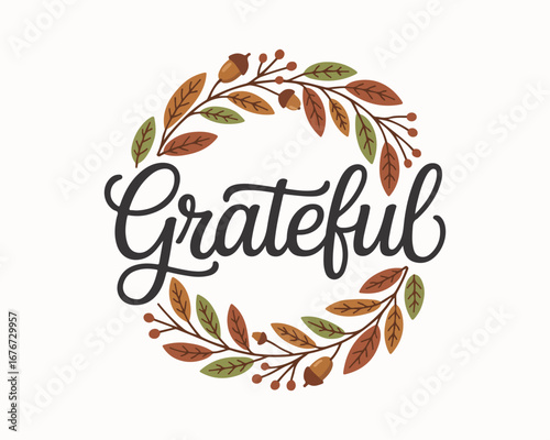 Grateful autumn wreath calligraphy typography