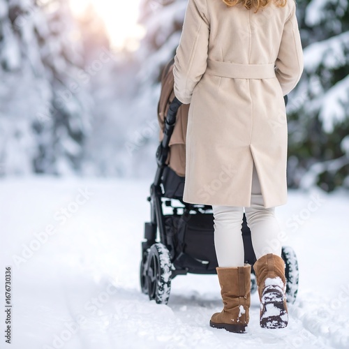 Woman pushing stroller snow