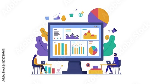 Vector illustration of analyzing data on laptops screen in a contemporary workplace.
