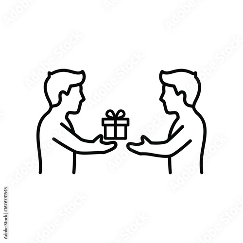 Gift Exchange: A minimalist line drawing captures the essence of giving and receiving, featuring two individuals exchanging a wrapped gift, symbolizing generosity and connection.