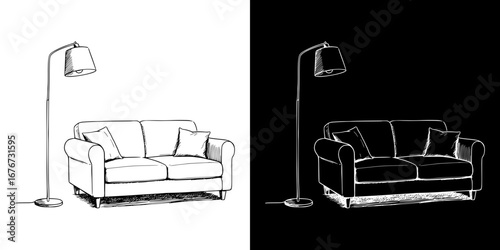 Monochrome isolated vector image of a sofa and floor lamp, two design options on transparent and black backgrounds, pencil drawing, chalk drawing