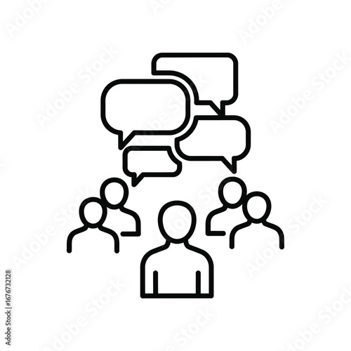 Conversation & Dialogue: A minimalist line art depicts a group of figures engaged in conversation, with speech bubbles floating above, illustrating the concept of dialogue and communication.