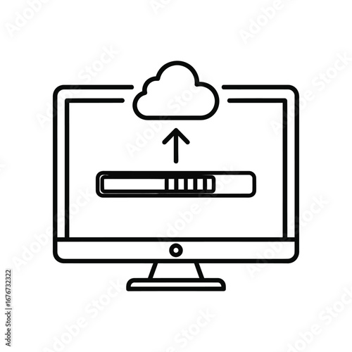 Cloud Upload Process on Monitor: An image showing the cloud upload process on a desktop computer screen, showcasing data transfer and technology concepts in a minimalist illustration.