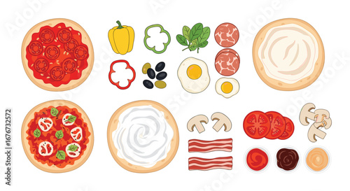 Delicious pizza making ingredients and finished pies for culinary creations and food lovers