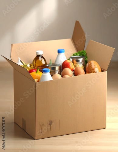 Cardboard box filled with various food items