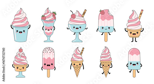 Collection of adorable kawaii ice cream characters enjoying sweet summertime fun