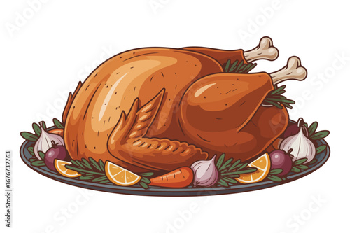 Roasted turkey dinner with garnishes on plate