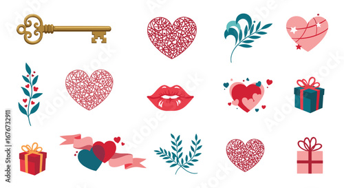 Vintage love collection featuring hearts floral accents and keys for romantic designs