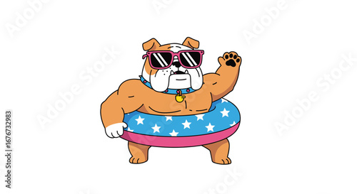Energetic muscular bulldog wearing sunglasses and floaty having a great time outdoors