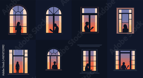 Silhouettes of people in windows observing a colorful evening sky