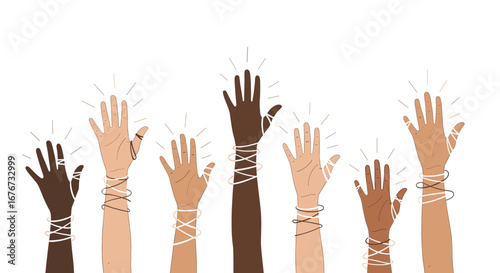 Diverse hands raised together in unity and celebration with sparkles showing participation