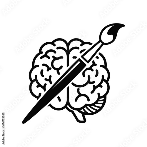 Creative Mind: A black and white illustration of a brain intersected by a paintbrush, symbolizing creativity, art, and the imagination.
