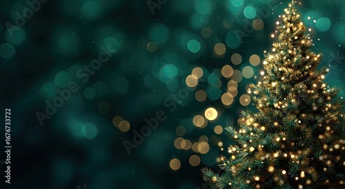 Christmas tree, teal backdrop, bokeh lights