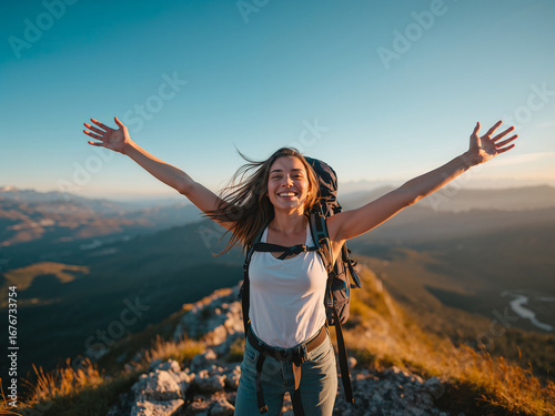 Young woman with backpack celebrating on mountain peak at sunset with arms raised hiking