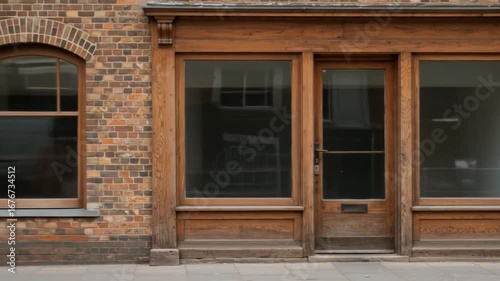 Traditional building front with wooden door and large windows in brick facade