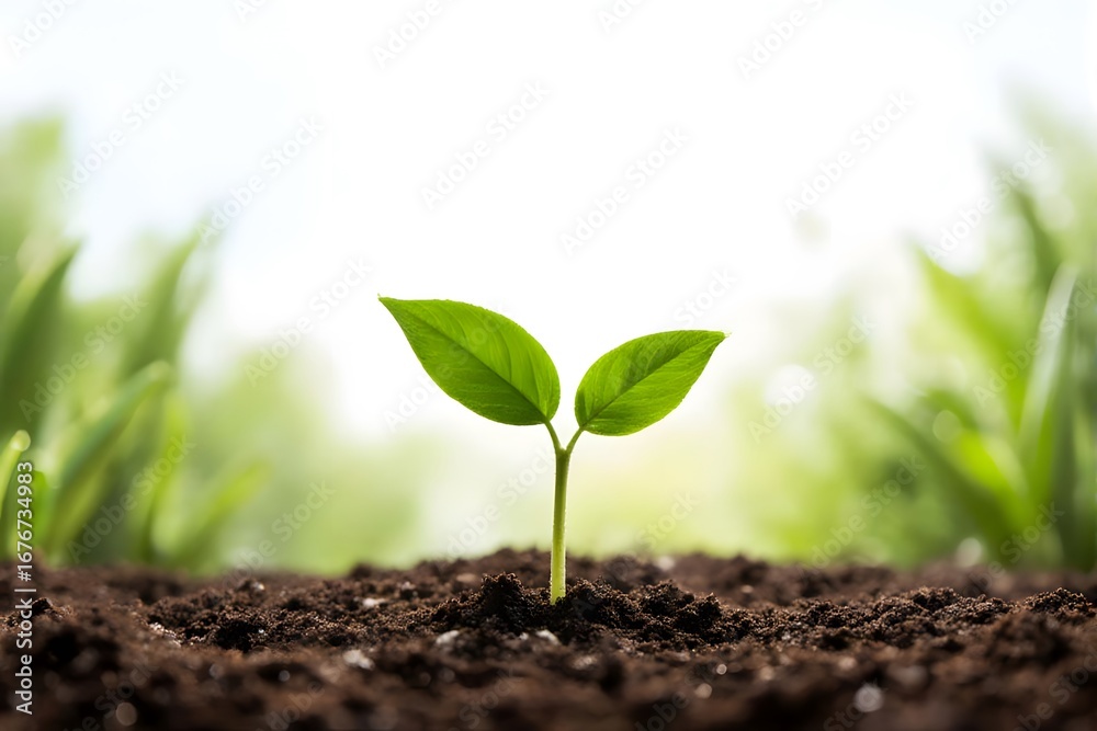 Fototapeta premium Lush green sprout emerging from dark soil under bright sunlight.