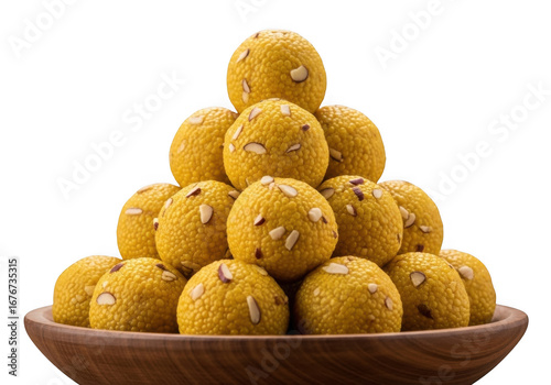 Pyramid of golden indian laddoos delicious traditional sweets isolated on transparent background