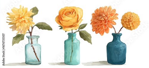 Three floral arrangements in teal glass bottles